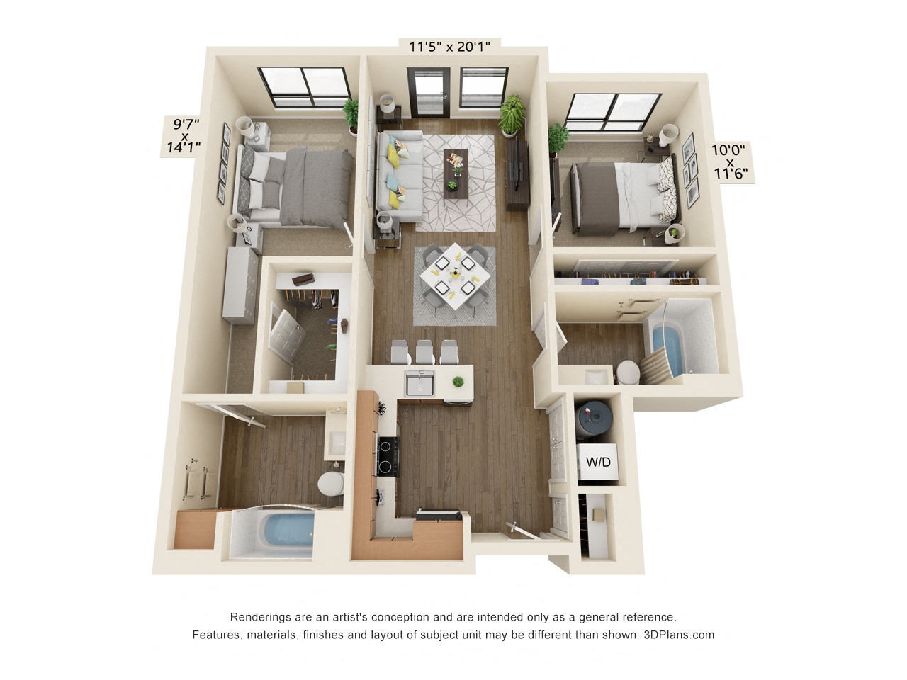Floor plan for 2 beds, 2 baths, 925 sqft